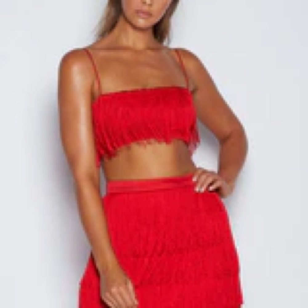 Meshki Red Fringe Crop top & Skirt- S